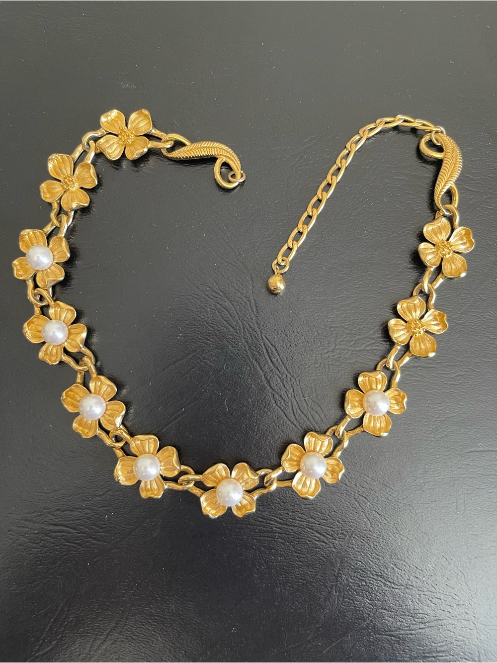 Vintage Trifari Gold tone Floral faux Pearl Accent Necklace.